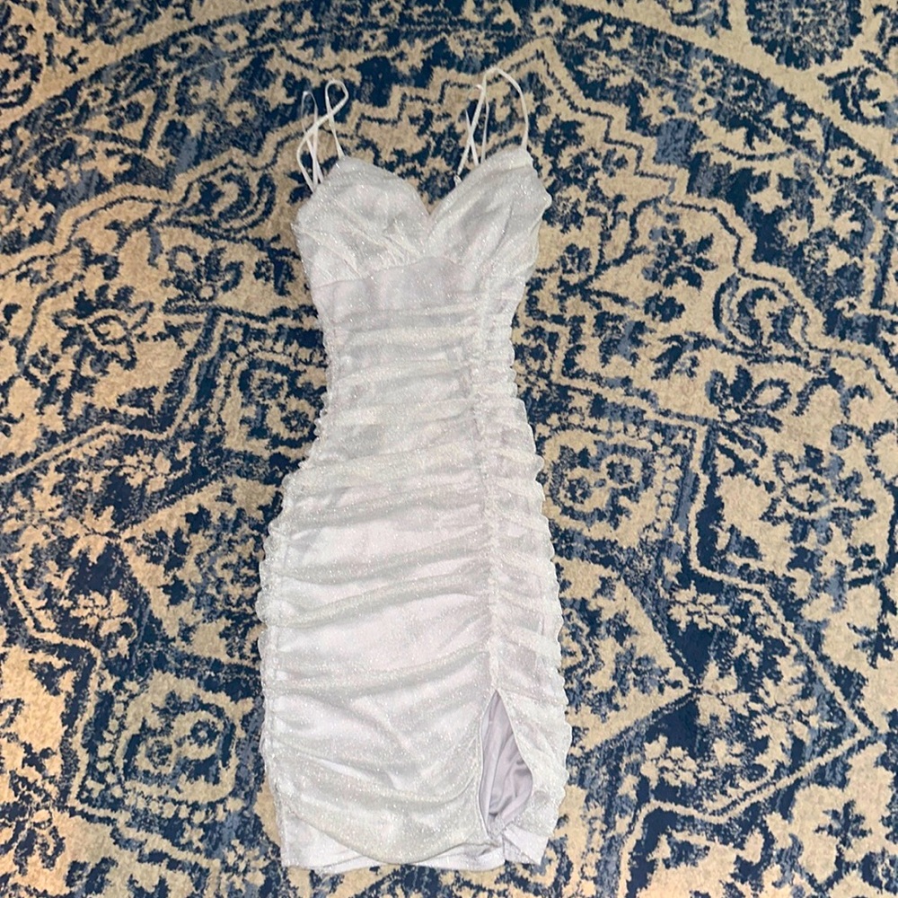 Lulus Small BodyCon Ruched Sparkling Silver/White Party Dress